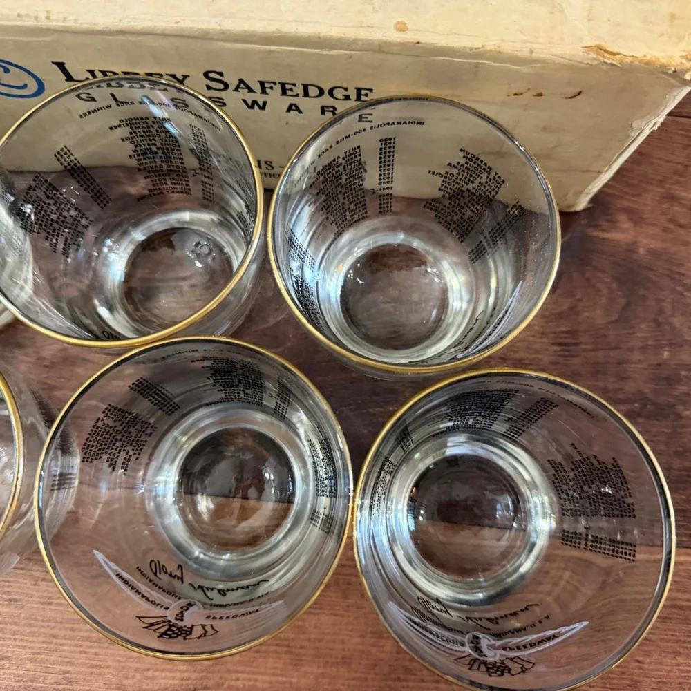 Vintage Indy 500 Winners Rocks Glass Set of 6 Tony Hulman Signed Gold Rim in Box